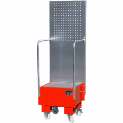 Cuve de rétention mobile avec plaque perforée, pour 1 fût de 60 l debout, L x l x h 570 x 590 x 1775 mm, rouge feu. Produit l ...