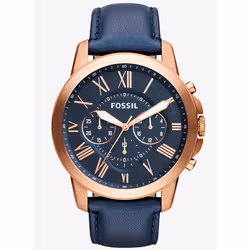 Montre Homme FOSSIL GRANT FS4835 - Quartz - Boîtier Acier - Bracelet Cuir Bleu