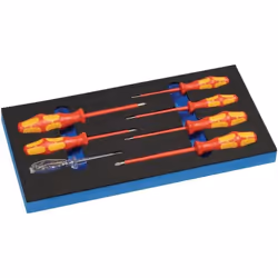 (1/3 module) Jeu de tournevis isolés VDE + rack + testeur de tension avec poignées ergonomiques multi-composants Kraftform av ...