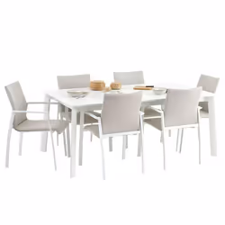 Ensemble table et chaises de jardin VERANO pour 6 à 8 personnes blanc et beige table extensible et chaises empilables