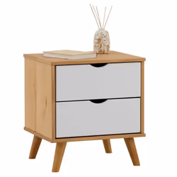 Table de chevet COLIMA en pin massif avec 2 tiroirs table de nuit en bois sur pieds coloris blanc et naturel