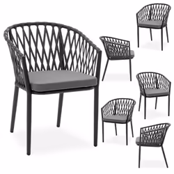 Lot de 6 chaises de jardin dextérieur SUNNY en aluminium noir et gris chaises empilables avec coussin en tissu