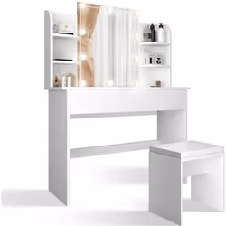 MIADOMODO® Coiffeuse Table de Maquillage - Miroir Lumineux Tabouret Rembourré Éclairage LED Hollywood Blanc - Commode Cosméti ...