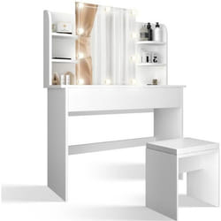 MIADOMODO® Coiffeuse Table de Maquillage - Miroir Lumineux Tabouret Rembourré Éclairage LED Hollywood Blanc - Commode Cosmétique