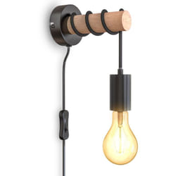 B.k.licht - Applique murale design rétro industriel bois & métal éclairage salon & chambre douille E27 interrupteur câble