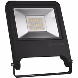 Phare LED LEDVANCE d'une puissance de 50W. Corps en aluminium noir avec support et câble noirs et couvercle en verre transpar ...