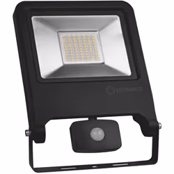 Faro LED LEDVANCE con sensore di movimento, potenza di 50W. Corpo in alluminio di colore nero con staffa e cavo di colore ner ...