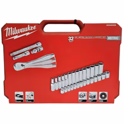Milwaukee 4932464945 Jeu de douilles à cliquet 32 pièces 3/8" Clé à cliquet 3/8 pouces 2x Extension 1x Connexion Douilles sta ...