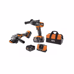 Présentation : Le pack Perceuse-visseuse à percussion - Meuleuse - 18V AEG Brushless - 2 Batteries 5,0Ah - Chargeur - JP18A2- ...