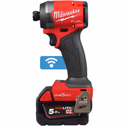 La clé à chocs Milwaukee M18 ONEID3-502X 18V 5Ah, avec fixation hexagonale 1/4" avec une clé. Enregistre jusqu'à 4 réglages e ...