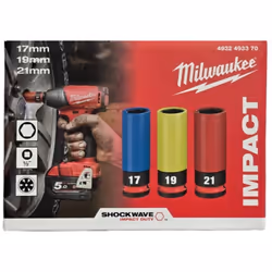 Milwaukee 4932493370 Set de 3 Douilles à Choc Automobile 1/2" - 17/19/21 mm Taille : 1/2", set de 3 douilles 17/19/21 mm Maté ...