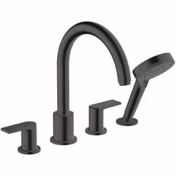 Mitigeur quatre trous pour bord de baignoire avec douche à main et flexible de douche finition : noir mat bec : 211 mm mode d ...