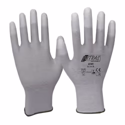 Selon EN 388 · EN 16350 · Cat. II · Matériau : Tricot nylon-carbone · Gris · Revêtement en PU blanc sur la paume et les bouts ...