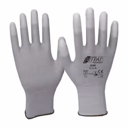 Selon EN 388 · EN 16350 · Cat. II · Matériau : Tricot nylon-carbone · Gris · Revêtement en PU blanc sur la paume et les bouts ...