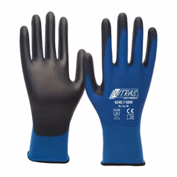 Selon EN 388 · Cat. II · Matériau : Nylon (18gg) · Bleu, revêtement PU noir sur paume de la main et pointes des doigts · Extr ...