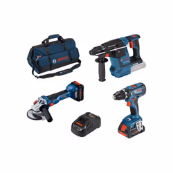 Description générale Le pack de 3 outils 18V Bosch comprend une perceuse GSR 18V-28, une meuleuse GWS 18V-10 et un perforateu ...