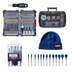Kit BOSCH 5 forets expert + Assortiment d’embouts de vissage + Coffret de scie trépan + Trousse mèches plates + Bonnet