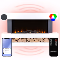 L'élégante cheminée électrique Klarstein Studio Light & Fire 3 Smart avec commande WiFi via l'application Klarstein crée comm ...