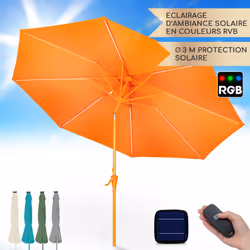 PARASOL DE JOUR, LUMIÈRES D'AMBIANCE LA NUIT : Ce parasol déporté de jardin vous protège du soleil pendant la journée. La nui ...