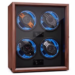Klarstein Remontoir de montre pour montres automatiques 4 montres Porte en acrylique LED bleues 4 réglages TPJ Noyer