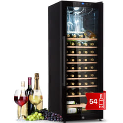 Klarstein - Cave à vin 54 bouteilles, cave de service avec étagères en bois amovibles, porte en verre, commande tactile, écran lcd, éclairage