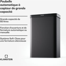 Poubelle à capteur 60 l noire mat - Couvercle à fermeture douce, panneau de commande led, poubelle à 2 compartiments pour la cuisine - poubelle à 2