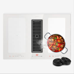 Klarstein 2 en 1 Plaque de Cuisson Induction avec une Hotte Aspirante pour Ilots, Table de Cuisson à 4 Anneaux avec Flex Zone, Commande Tactile,