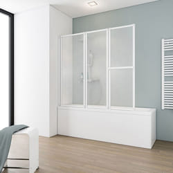 Schulte pare-baignoire 152x140cm paroi de baignoire 3 volets pivotants porte-serviette verre synthétique 3 mm Softline  blanc