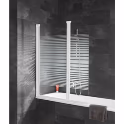 Pare-douche rabattable 114 x 140 cm avec 2 volets, profilé blanc, décor rayures horizontales L'indispensable dans une petite  ...