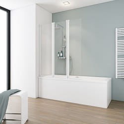 Pare-baignoire pliant 124 x 130 cm, paroi de baignoire 3 volets, écran de baignoire pivotant, Komfort Schulte verre transparent, profilé blanc