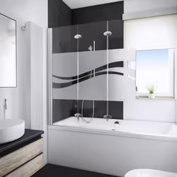 Description générale Ce pare-douche rabattable à 3 volets, en verre de sécurité de 5 mm, avec un profilé chromé et un décor l ...