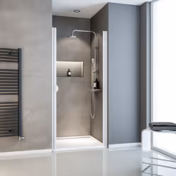 Description générale La porte de douche pivotante en verre transparent avec profilé blanc est la solution classique idéale po ...