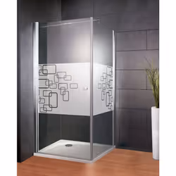 Porte de douche pivotante + paroi fixe, Profilé aspect chromé, verre sérigraphié Combinée avec une paroi latérale, cette port ...