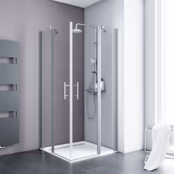 Cabine de douche avec accès d'angle droit avec portes de douche battantes, profilés alu-argenté, verre transparent anticalcai ...