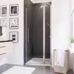 Description générale Porte de douche pivotante sur paroi fixe, cette porte classique s'ouvre facilement en tirant simplement ...