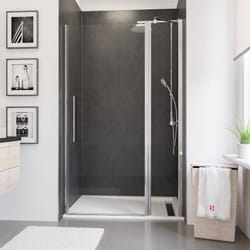 Porte de douche pivotante sur paroi fixe, verre transparent anticalcaire, NewStyle Schulte profilé mural aspect chromé, 120 x 192 cm