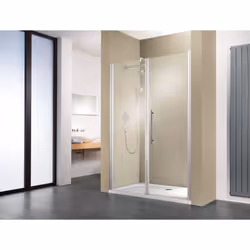 Porte de douche batttante + paroi fixe grand large, profilé aspect chromé, verre anticalcaire Combinée avec une paroi fixe, c ...