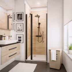Description générale La porte de douche pivotante sur paroi fixe, avec un profilé noir et un verre anticalcaire, est la solut ...
