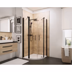 Description générale Cabine de douche avec accès d'angle arrondi, équipée de portes battantes et d'un profilé noir. Ce modèle ...