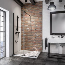 Paroi de douche à l'italienne coulissante, verre 6 mm anticalcaire, paroi Walk In atelier industriel, profilé noir, NewStyle Schulte 140 x 200 cm