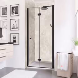 Description générale La porte de douche pivotante-pliante, avec un profilé noir et un verre anticalcaire, est une solution id ...