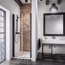 Description générale Les portes de douche battantes avec profilé noir et verre anticalcaire sont idéales pour les petites sal ...
