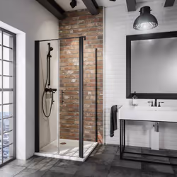 Portes de douche battantes + paroi de retour fixe, profilé noir, verre transparent anticalcaire Une porte de douche battante  ...