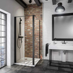 Portes de douche battantes + paroi de retour fixe, verre 5 mm transparent anticalcaire, style atelier industriel, profilé noir, Schulte, 80 x 80 x