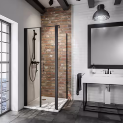 Portes de douche battantes + paroi de retour fixe, profilé noir, verre transparent anticalcaire Une porte de douche battante  ...