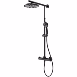 Colonne de douche réglable en hauteur avec thermostat intégré, pommeau rond orientable, douchette à main ronde, noir Classiqu ...