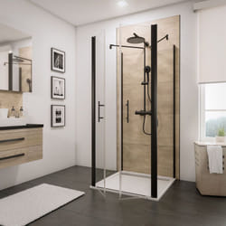 Portes de douche battantes en u avec deux parois latérales fixes, verre 5 mm transparent anticalcaire, profilé noir, style industriel Schulte 80 x 80