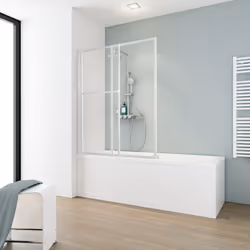 Description générale Le pare-douche coulissant et rabattable est conçu en verre transparent de 3 mm avec un profilé blanc. Il ...