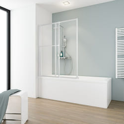 Pare-baignoire coulissant et pliant, 70 - 120 x 140 cm Schulte paroi de baignoire extensible 2 volets, verre 3 mm, profilé blanc, verre transparent