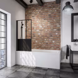 Description générale Le pare-douche rabattable en verre de 5 mm, avec un profilé noir et un décor industriel, est l'accessoir ...
